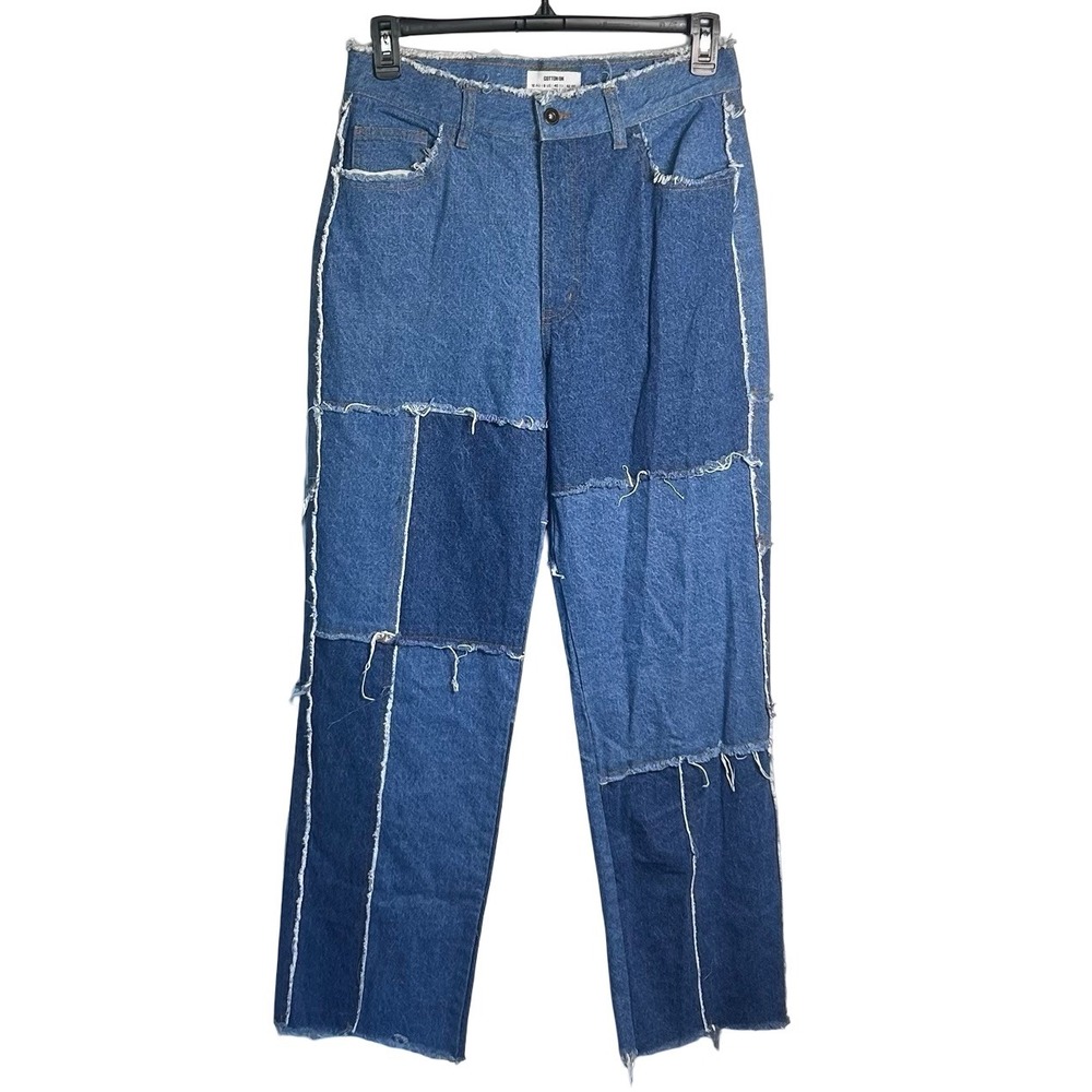 Cotton On Loose Straight Patchwork Jeans Size 8 Frayed Raw Edge High Rise